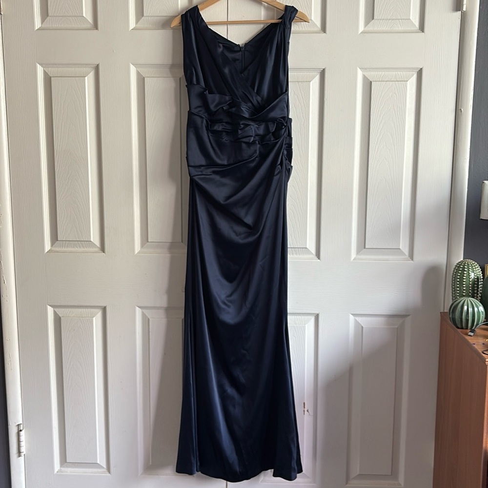 Talbot Runhof Satin Evening Gown Elegant Navy Blue Dress